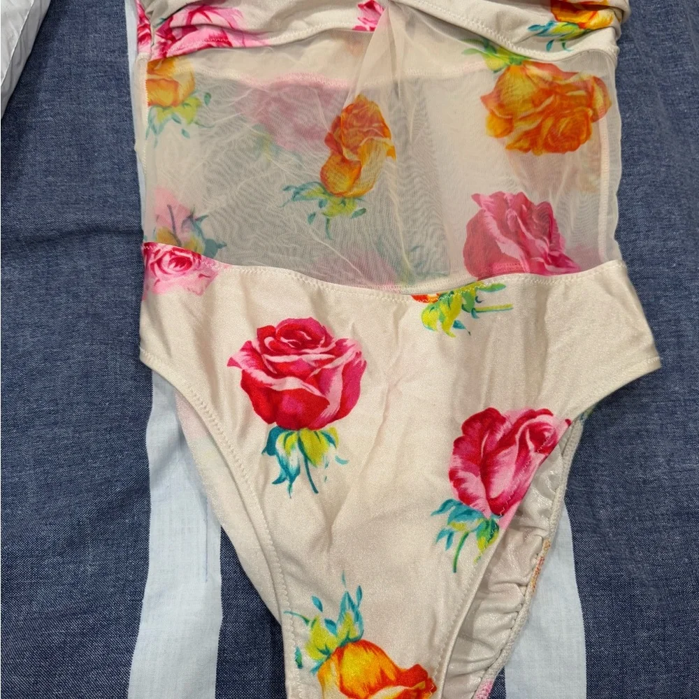 90’s Strapless Floral Mesh Bathing Suit - Picture 1 of 7
